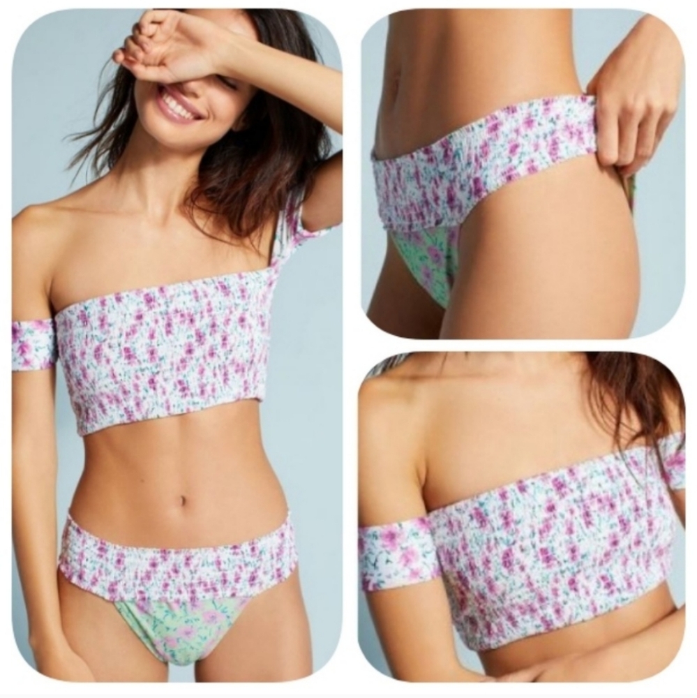 Anthropologie Bikini Swimsuit Top Off The Shoulder Top Size L Pink Flowers